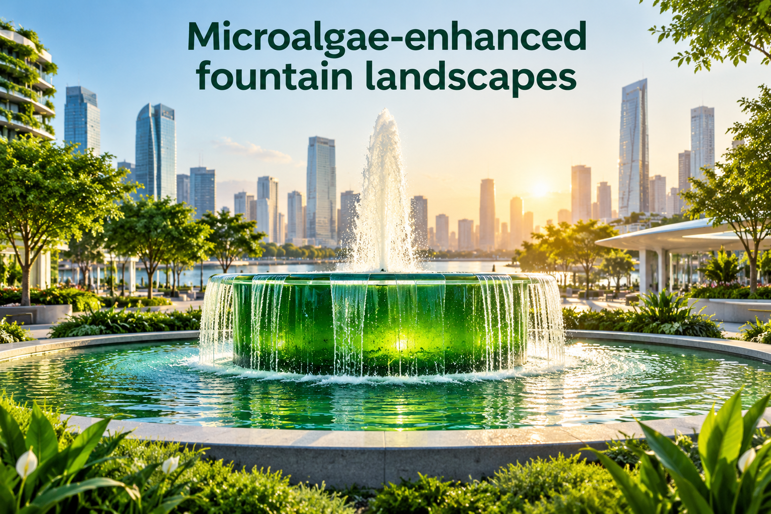 Microalgae-enhanced fountain landscapes